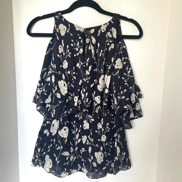 Polo Ralph Lauren Silk Georgette Top Cold-Shoulder Womens 10 Black Floral Ruffle - Picture 4 of 9